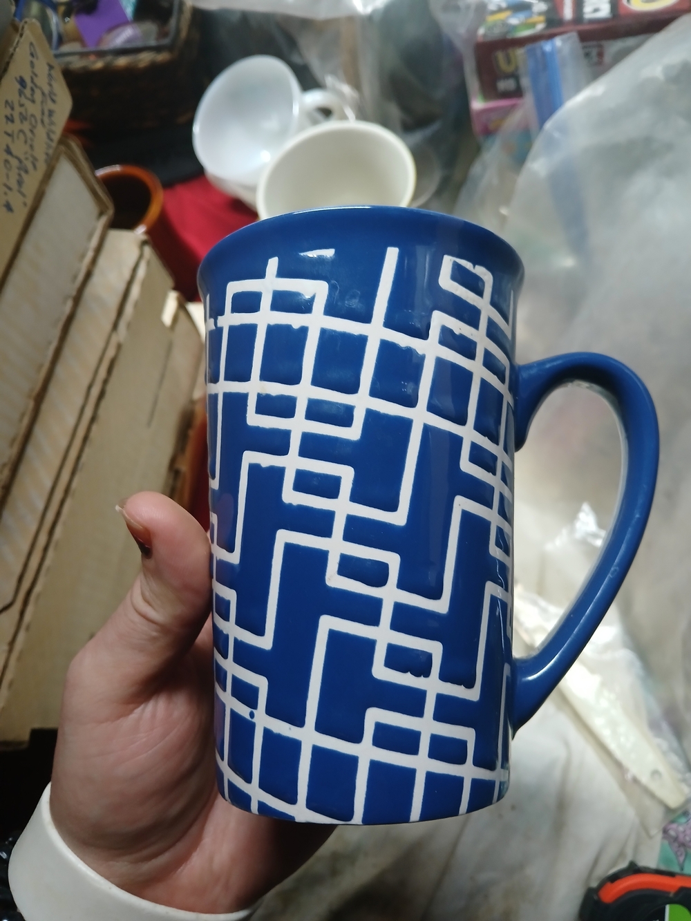 Tabletops Gallery Mason Stoneware Inset Geometric Pattern Blue Mug